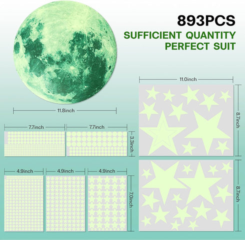Glow in The Dark Stars for Ceiling, 893PCS Wall Stickers Including Moon and Stars Decor, Glow in The Dark Wall Decals