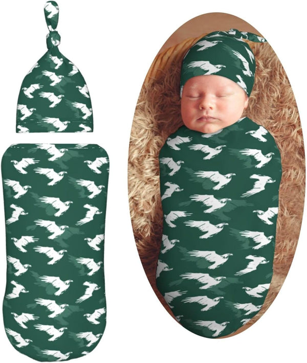Eagle On Green Background Newborn Swaddle Blankets Hat Sets Soft Baby Receiving