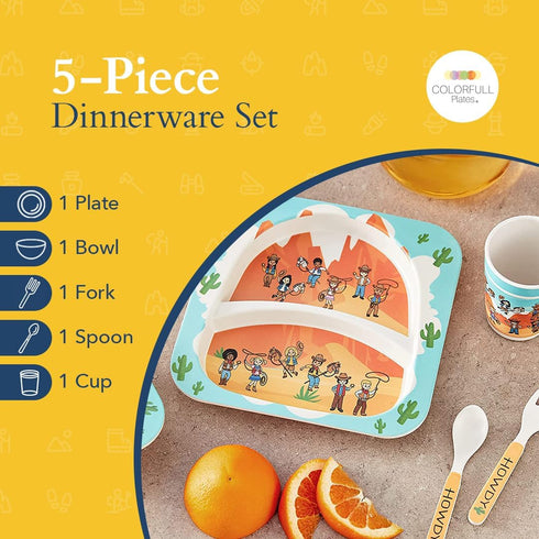 5-Piece Kids Dinnerware Set, Western Cowboys Themed Utensils, Bamboo Fiber Plate, Bowl & Cup, Toddler Safe