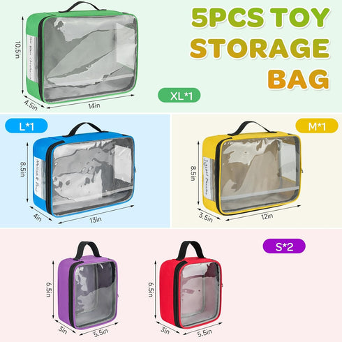 Toy Storage Bags for Lego Bricks, 5 Pcs Travel Organizers for Kids Building Blocks, Toy Car, Puzzles with Mesh Pocket