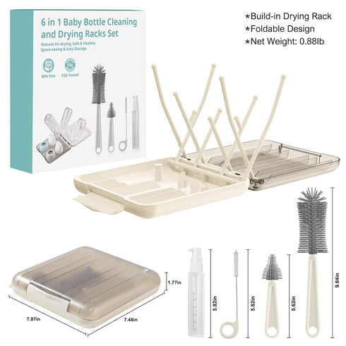 6 1 Set,Bottle in Baby Bottle Brush Cleaner Brush Kit with Silicone Bottle Brush,Drying Rack,Nipple Brush,Straw