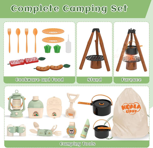 Kids Camping Toys Set, Pretend Play Camping Set with Food Toy, Lantern, Binoculars, Tableware, Gift for 3+