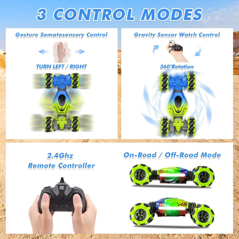 Gesture RC Car, 2.4GHz 4WD Gesture Sensing Stunt Car Toys for 6-12 yr Boys Girls, Offroad 360° Rotation with Lights