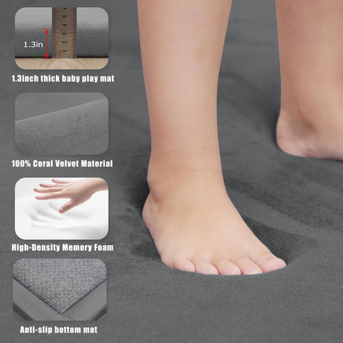 PapaMama 1.3" Tummy 39X59) Baby Play Mat for Floor, Thick Memory Foam Muscle Playpen Cushion, Soft Coral Velvet Time
