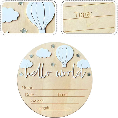 5.9 Inch Baby Announcement Sign, Wooden Hello World Newborn Signs, Birth Announcement Sign and Pen, Hot Air Balloon