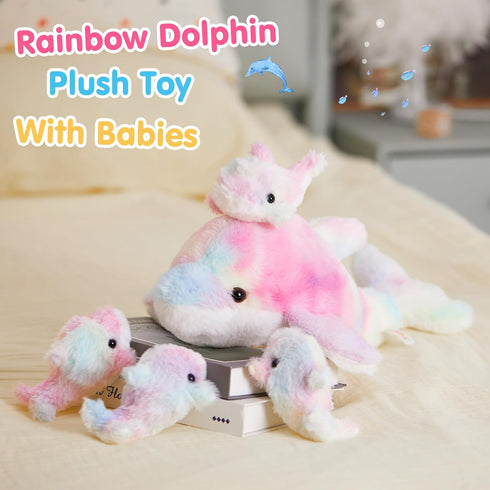 17-Inch 4 Set WEWILL Rainbow Dolphin Plush Toy with Baby | Soft & Cuddly Stuffed Family | Colorful Dolphin Plush Gift