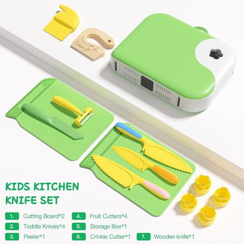 Set 3 4 5 6 7 8 Kids Kitchen Knife for Real Cooking with Storage Box Green, Montessori Kitchen Toy with Cutting Board
