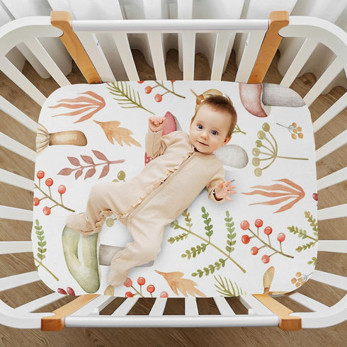 Mushroom Twig Fitted Crib Sheet, Soft Breathable for Girls and Boys, Standard Crib & Toddler Bed Mattress 27" x 39"