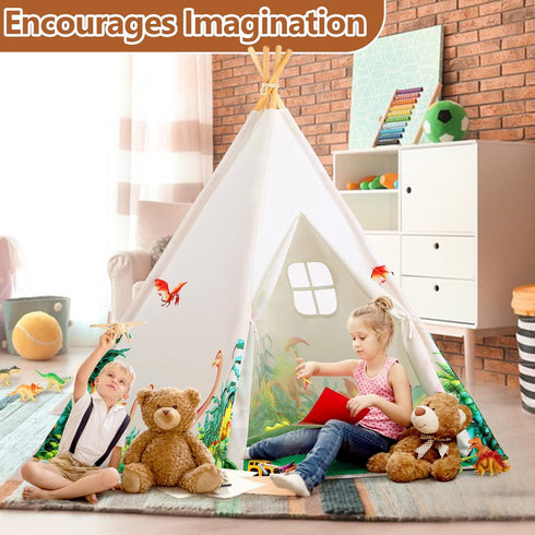 Dinosaurs Teepee Tent for Kids, Play Tent with Roar Button, Lights, and Mat for Indoor Outdoor Games