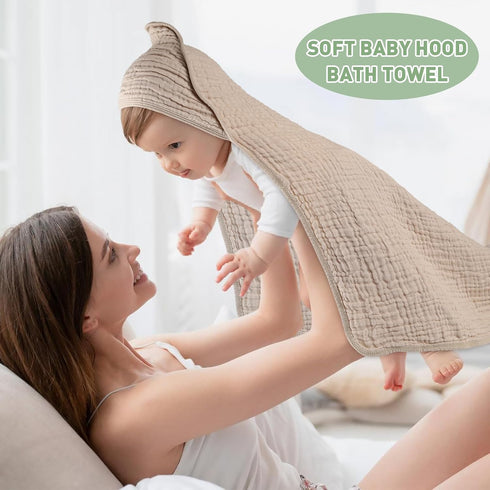 2 Pack 32 32 Inches, Synrroe Hooded Muslin Cotton Baby Towels (Green/Brown), by Ultra-Soft & Breathable for Baby Bath