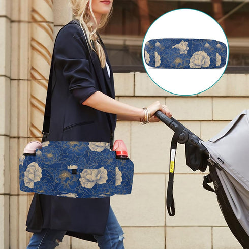 miaozhen Floral2 Navy Blue Gold Peony stroller accessories organizer baby caddy large zip pocket organizador para