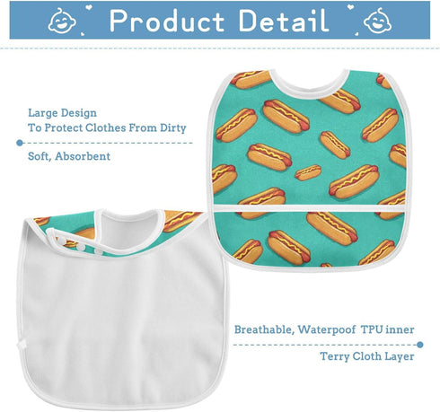IHCVHQX 1 Pack Baby Feeding Bibs with Catcher Pocket Hot Dogs Green Toddler Sleeveless Teething Bib