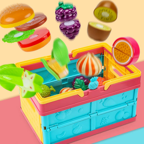 Cawiew 100 Set Playset PCS Cutting Play Food For Kid Kitchen, Storage Basket with Vegetable & Fruit Toy For Toddler Boy