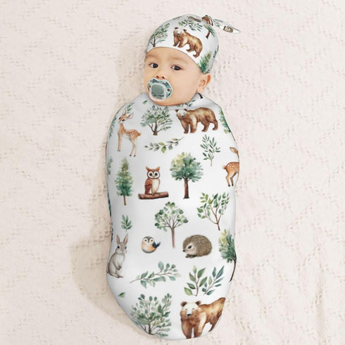 Set Watercolor Woodland Animal Tree Swaddle Blanket with Beanie Hat Newborn Receiving Blankets Baby Swaddle Wrap Soft