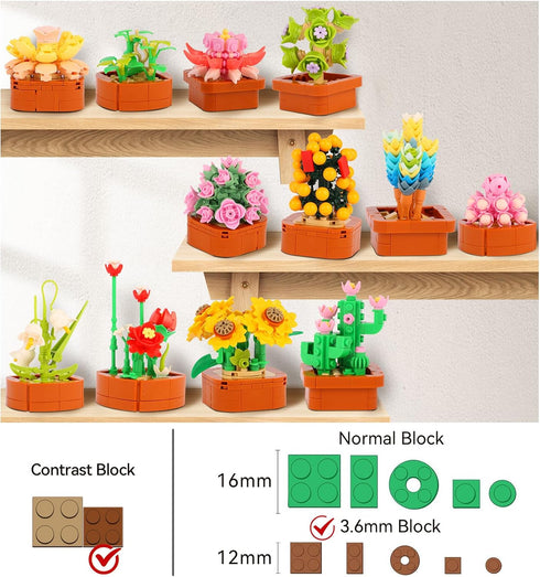 BIZNESMEN 1403 3.6mm Set 12 Pack 10+)Romantic PCS Mini Succulent Flower Building Blocks - Creative Botanical Toys