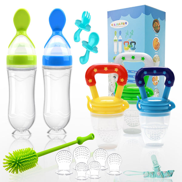 Food Feeder Baby Fruit Feeder Pacifier (3 Pcs) with Silicone Pacifiers, Baby Food Dispensing Spoon, Bottle Brush