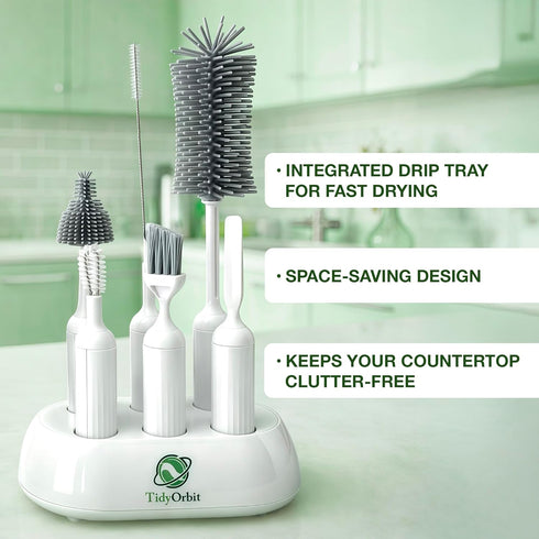 TidyOrbit 6-in-1 Set Bottle Brush with Holder Multipurpose Cleaning Kit for Baby Bottles, Reusable Water Bottles