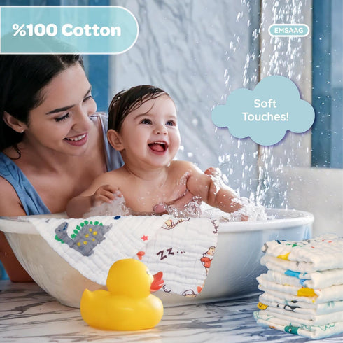 EMSAAG Pack 7 100% Gift Boxed Animal Pattern Baby Washcloths of - Absorbent Bath and Face Towels, Soft Sweat Cloths