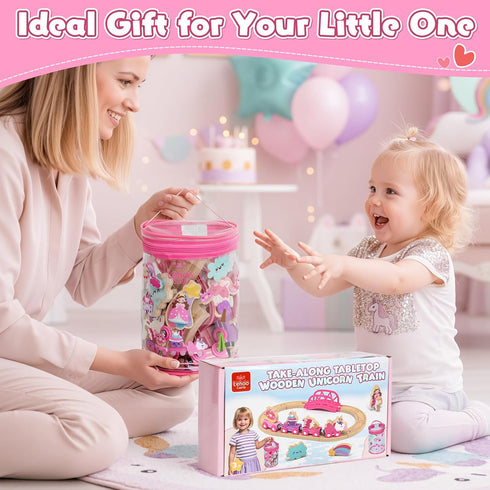 Set Set 2-4, 3 Lehoo Castle Wooden Train for Girls, Unicorn Train for Toddlers Wooden Train Track with Storage Bag