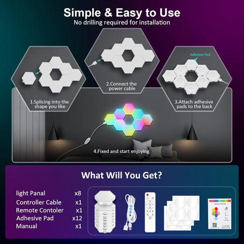 8 Pack OJQ Hexagon Lights Wall RGB Panel - Hexagonal Led Lights Room Decor Wall Lights Gifts for Men/Women Honeycomb
