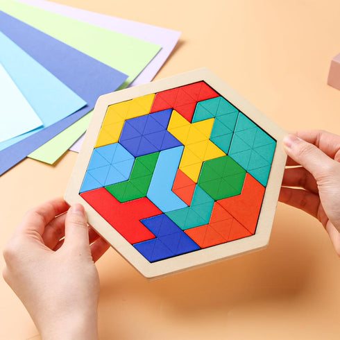 3 Otters Wooden Hexagon Puzzles, Brain Teaser Blocks for Kids, Montessori Educational Shape Pattern Block for All Ages