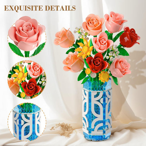 14 Set 747 CUBIMANA Flowers Bouquet Building with Vase and LED Light, for Women, PCS Mini Roses Flower Building Blocks