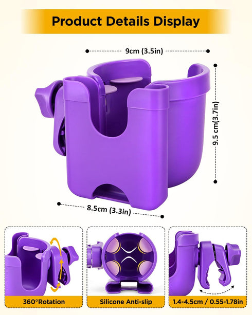 Universal Stroller Cup Holder with Mobile Phone Case, 2-in-1 Strollers Storage Rack, 360 Degrees Rotation Drink Holder