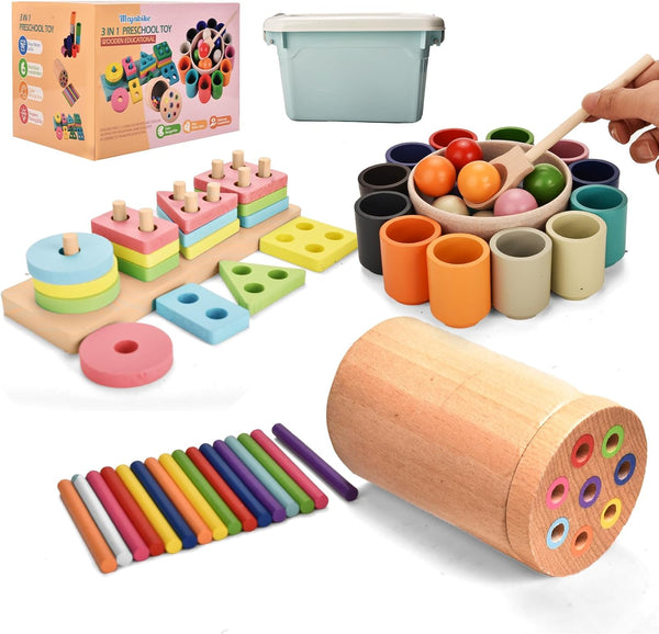 Majabike Montessori Toys for 1-3 Year,3 in 1 Wooden Learning Fine Motor Skills