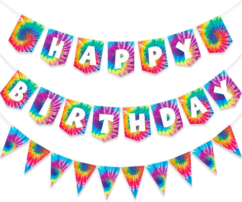 2 Pieces Tie Dye Party Decorations, Happy Birthday Pennant Banner for Retro Classic 60s 70s Theme Supplies