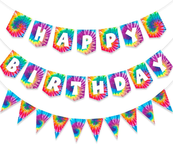 2 Pieces Tie Dye Party Decorations, Happy Birthday Pennant Banner for Retro Classic 60s 70s Theme Supplies