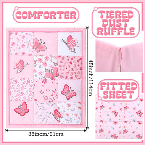 3 Set Sets Tudomro Pieces Butterfly Nursery Crib Bedding for Girls, Standard Size Bedding with Comforter Fitted Sheet