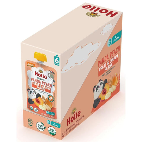 Holle Organic Baby Food Pouches - Panda Peach Puree with Peach, Banana, Apricot & Spelt, 6 Pack for Weaning