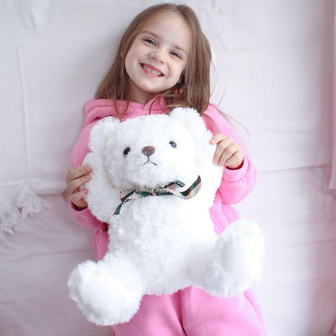 Fluffy White Teddy Bear Stuffed Animals Plush Toys with lattice Tie for Kids Babies Birthday Bedtime, 12 inches