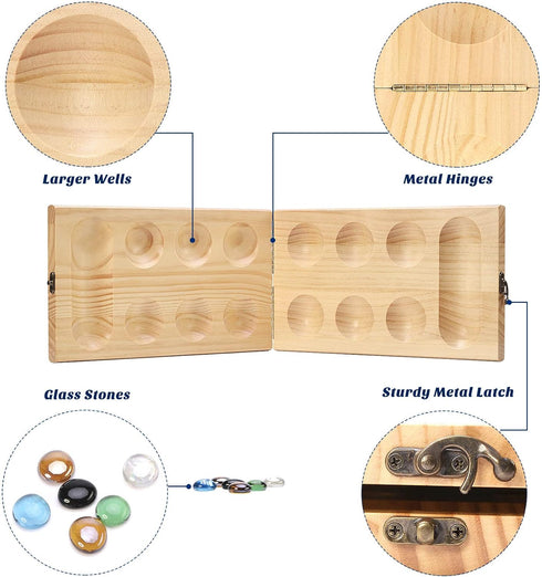 Set 72+8 Package AMEROUS Wooden Mancala Board Game - Upgraded Larger Size - Bonus Multi Color Glass Stones - Folding
