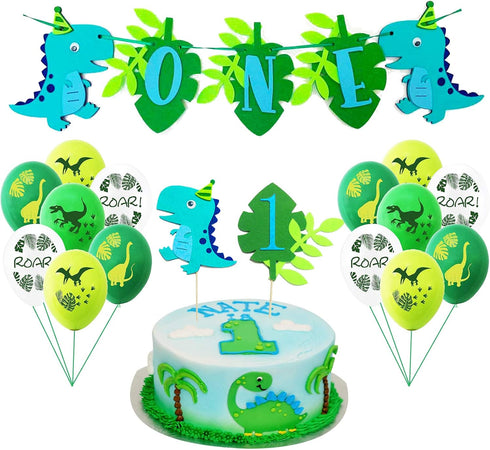 Dinosaur Birthday Party Supplies - 1st Birthday Decorations, Highchair Banner, Cake Topper, Balloons