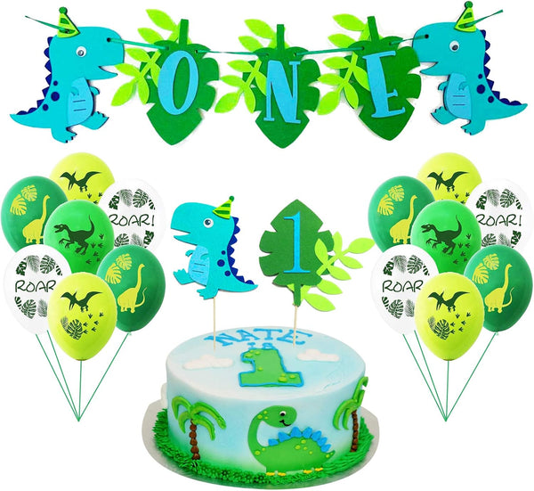 Dinosaur Birthday Party Supplies - 1st Birthday Decorations, Highchair Banner, Cake Topper, Balloons