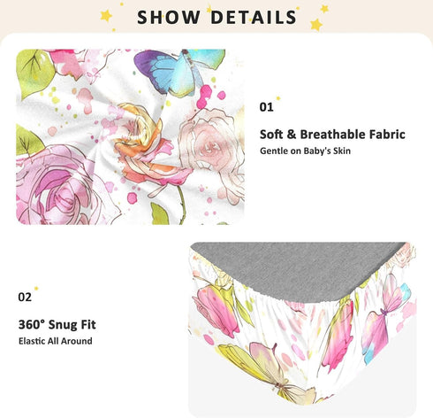 Bseiialft 52 28 Pink Roses Butterflies Crib Sheets for Boys Girls Soft and Breathable Cotton Baby Sheets for Standard