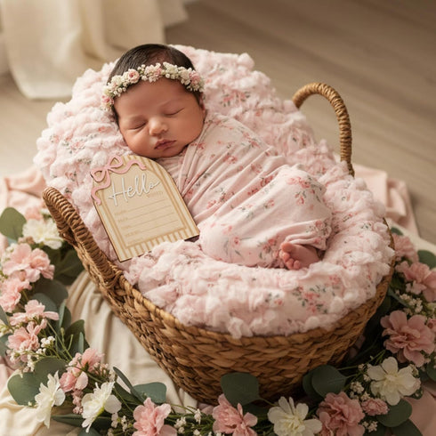 QFGasre 6.9 Inch 3D Wooden Hello Worlds Newborn Signs Baby Announcement Sign Pink Bows Birth Announcement Sign