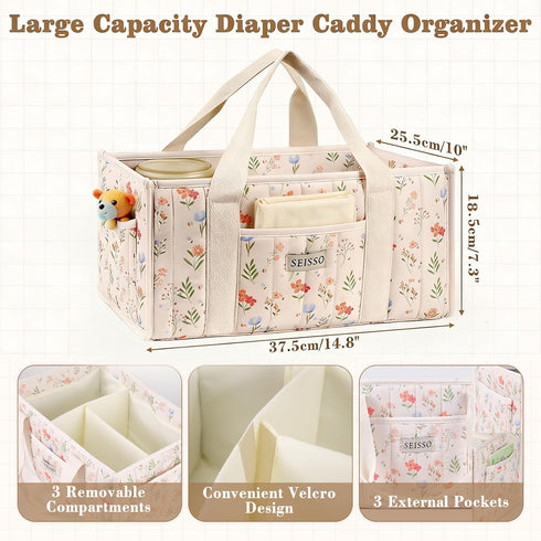 SEISSO Diaper Caddy Organizer with Handle, Portable Baby Gift Basket, Floral Diaper Organizer Nursery Storage Bag