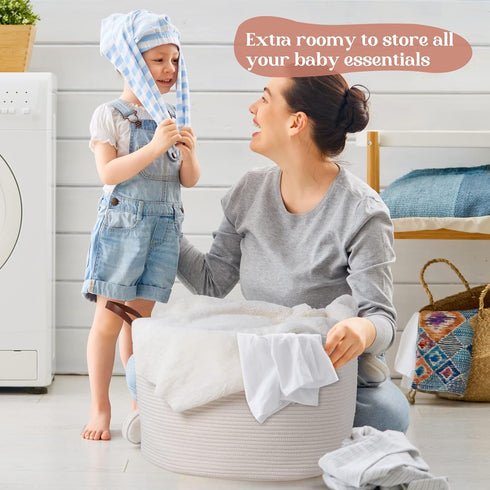 Luxury Extra Large Nursery Storage Basket, 22 x 22 x 14 inches, 100% Cotton Rope with Handles - Off White