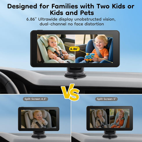 ELECROW 2 6.86" 1080P 360 Dual Baby Car Camera for Kids - Split-Screen Baby Monitor for CarSeat, Full Rotation, IR