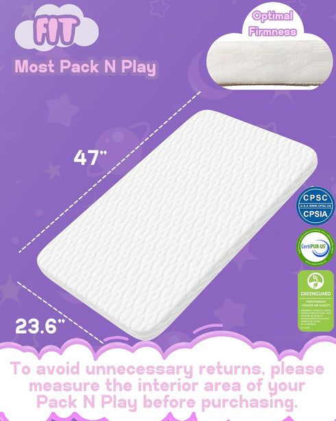 Pack 47"x23.6", 4 1 100% WELLZEE N Play Mattress Fit for ELEMARA in Baby Bassinet Bedside Crib with Breathable