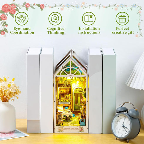 DIY Book Nook Kit, 3D Wooden Puzzle Bookshelf Insert Decor with LED Light, Miniature Dollhouse Kit for Teens and Adults