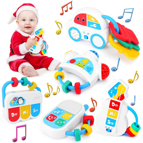 5PCS 0-18 Baby Sensory Toys - Baby Rattle Teething Toys Kits with Music, Infant Newborn Montessori Toys for Boys Girls