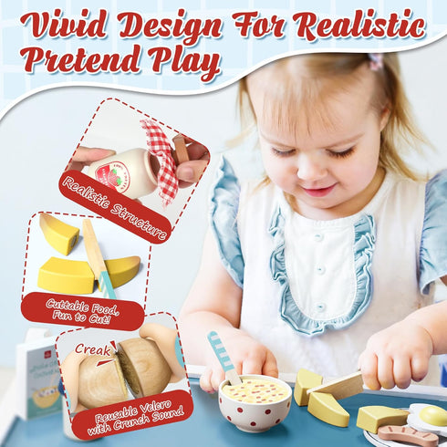 Set 3-5 Lehoo Castle Wooden Play Food - Montessori Cutting Fruit Egg Bread, Pretend Breakfast Food Toys for Kids