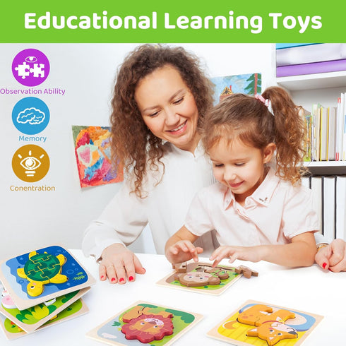 Wooden Puzzles for Toddlers Ages 1-3 - Montessori Toys with 6 Animal Patterns, Educational Learning Toys (6 Pack)