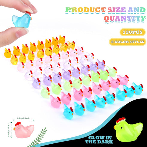 120 Pcs Luminous Mini Hens Figurines Glow in The Dark Tiny Resin Cute Chicken Miniature Ornament Charms for Dollhouse