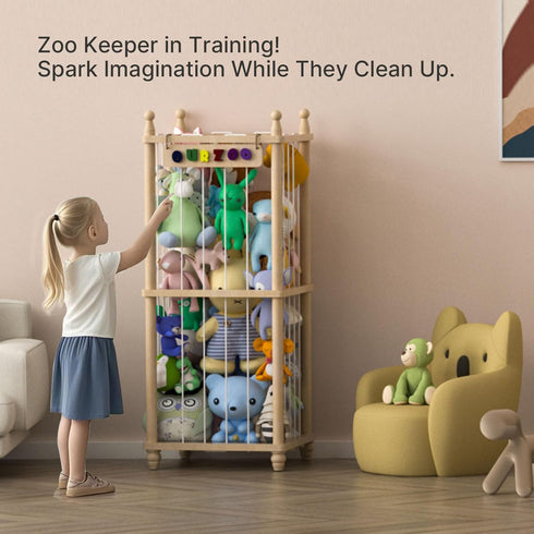 40" 3D Stuffed Animal Storage Zoo, Tall Solid Pine Wood Toy Organizer with Exclusive Sign, Large Vertical Plushie Cage