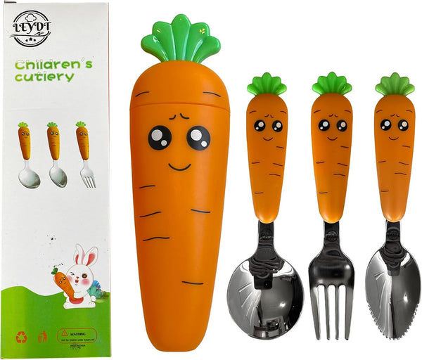 3 Pcs Easy Grip Baby Cutlery Set with Case - Stainless Steel Fork and Spoons for Toddlers