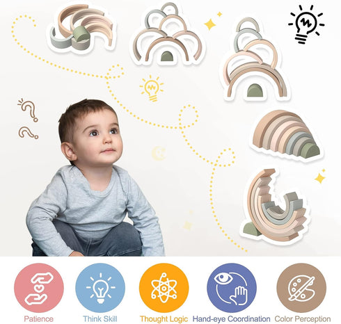 MCGMITT Rainbow Stacking Toy, 7 Layers Silicone Rainbow Stacker for Toddlers, Montessori Color Shape Matching Set